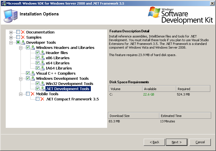 Windows SDK options