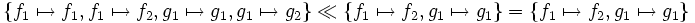 \left\{ f_1 \mapsto f_1, f_1 \mapsto f_2, g_1 \mapsto g_1, g_1 \mapsto g_2 \right\}      \ll   \left\{ f_1 \mapsto f_2, g_1 \mapsto g_1 \right\}     =   \left\{ f_1 \mapsto f_2, g_1 \mapsto g_1 \right\}