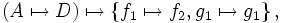 \left( A \mapsto D \right) \mapsto \left\{ f_1 \mapsto f_2, g_1 \mapsto g_1 \right\},