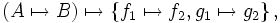 \left( A \mapsto B \right) \mapsto \left\{ f_1 \mapsto f_2, g_1 \mapsto g_2 \right\},