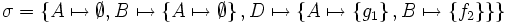 \sigma = \left\{    A \mapsto \emptyset,     B \mapsto \left\{ A \mapsto \emptyset \right\},     D \mapsto \left\{ A \mapsto \left\{ g_1 \right\},                      B \mapsto \left\{ f_2 \right\} \right\} \right\}