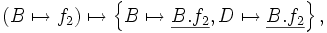 \left( B \mapsto f_2 \right)        \mapsto     \left\{ B \mapsto \underline{B.f_2}, D \mapsto \underline{B.f_2} \right\},
