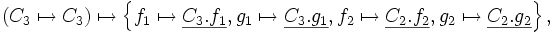 \left( C_3 \mapsto C_3 \right)        \mapsto     \left\{ f_1 \mapsto \underline{C_3.f_1}, g_1 \mapsto \underline{C_3.g_1},            f_2 \mapsto \underline{C_2.f_2}, g_2 \mapsto \underline{C_2.g_2} \right\},