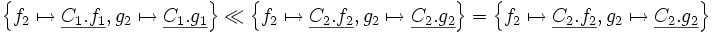 \left\{ f_2 \mapsto \underline{C_1.f_1}, g_2 \mapsto \underline{C_1.g_1} \right\}     \ll   \left\{ f_2 \mapsto \underline{C_2.f_2}, g_2 \mapsto \underline{C_2.g_2} \right\}     =   \left\{ f_2 \mapsto \underline{C_2.f_2}, g_2 \mapsto \underline{C_2.g_2} \right\}